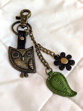 Chala Bronze Owl & Green Leaf Charming Keychain Key Fob Bag Charm Vegan Leather
